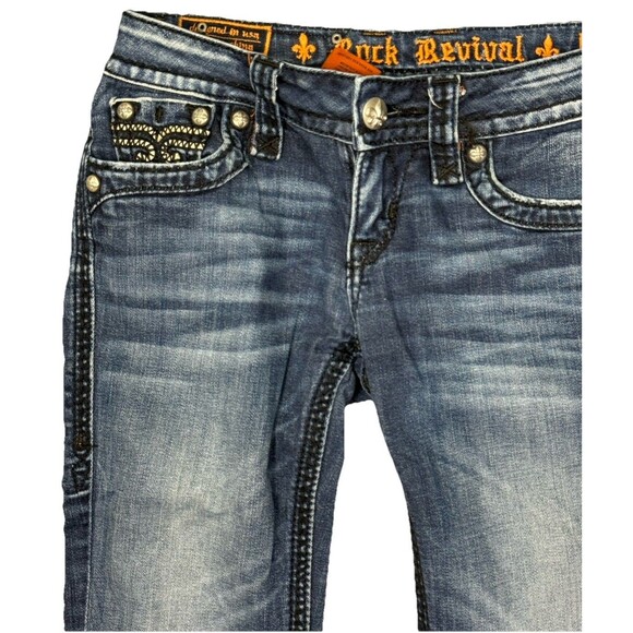 Rock Revival Jeans 26 Y2K Straight Thick Stitch Flap Pocket Dark Wash Western - Picture 4 of 7